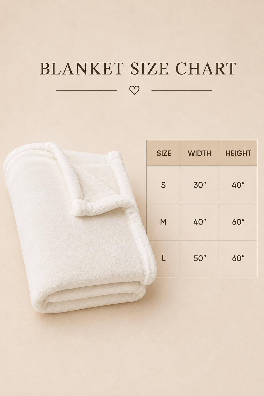 Blanket size chart graphic showing a folded cream-colored blanket on a warm beige background, next to a size table with columns for Size, Width, and Height.