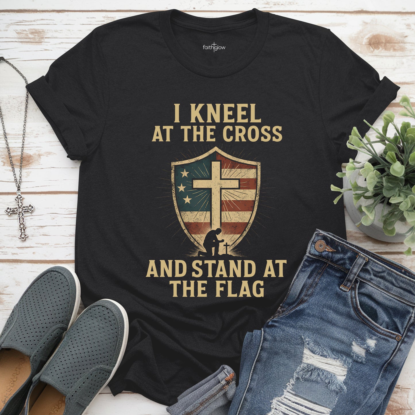 I Kneel At The Cross And Stand At The Flag Christian T Shirt