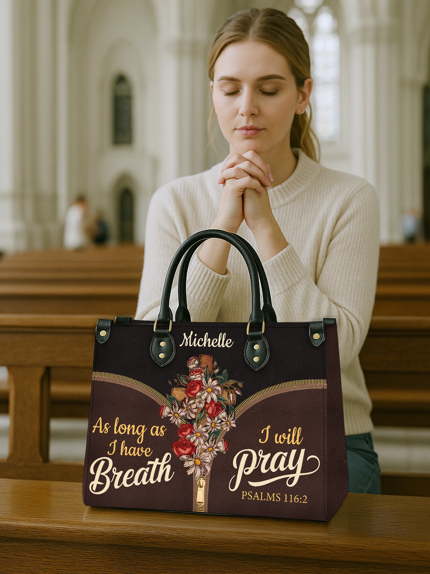 As Long As I Have Breath I Will Pray Christian Leather Church Bag