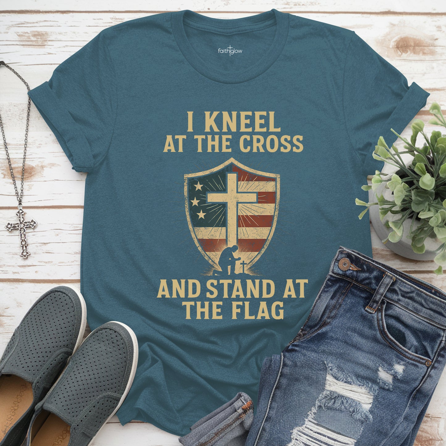 I Kneel At The Cross And Stand At The Flag Christian T Shirt