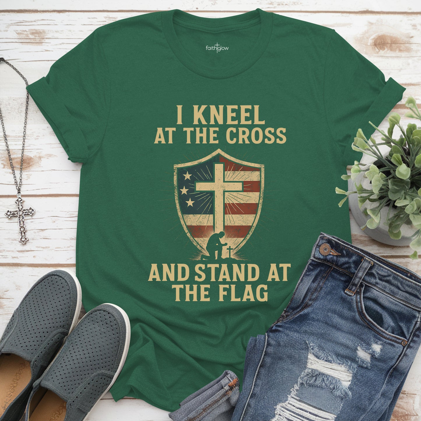 I Kneel At The Cross And Stand At The Flag Christian T Shirt