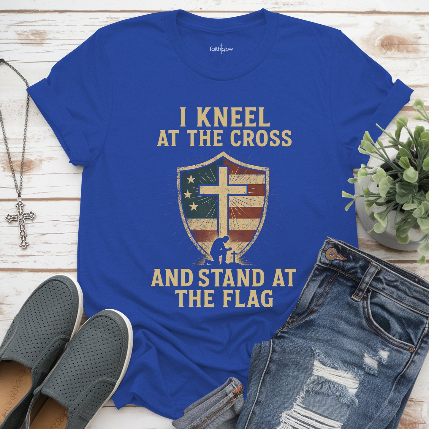 I Kneel At The Cross And Stand At The Flag Christian T Shirt