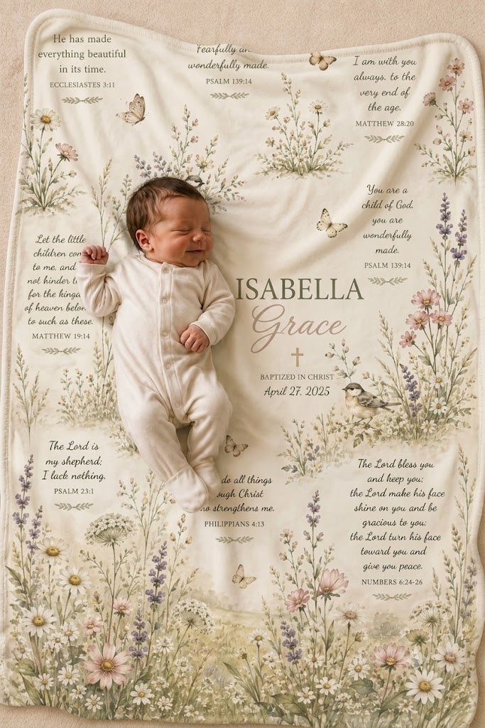 A baby in a white onesie lies on a personalized cream-colored blanket printed with botanical illustrations, butterflies, scripture verses, and the name 'Isabella Grace'.