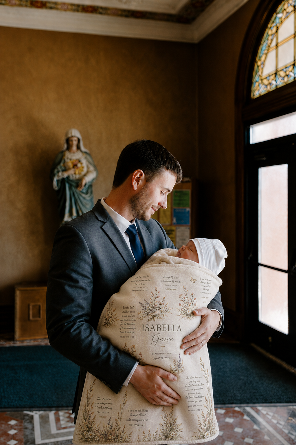 A man in a dark suit holds a swaddled baby wrapped in a cream blanket printed with botanical illustrations and the text 'ISABELLA Grace'. The photo is taken indoors in a warmly lit room with a statue and stained-glass window in the background.