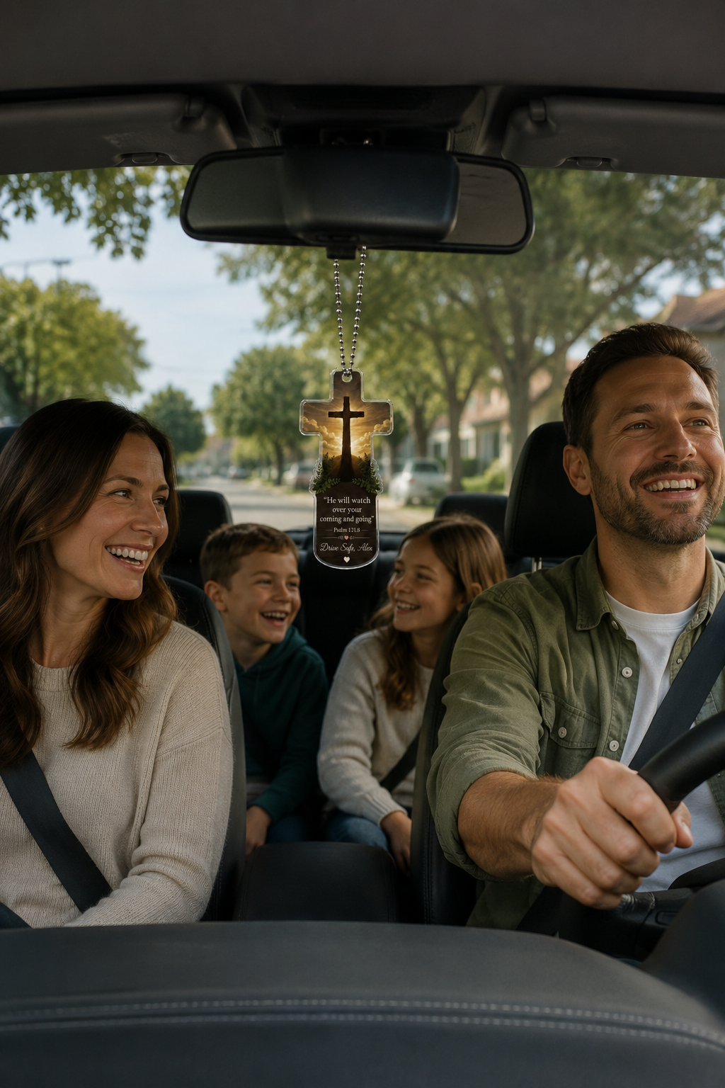 A family of four smiling in a car, with a hanging cross-shaped car air freshener ornament suspended from the rearview mirror. The ornament is dark brown with a gold cross and features the words 'pray for us, we pray for us' and a small gold cross at the top.