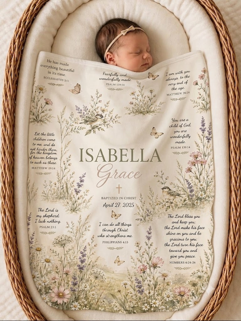 A sleeping newborn baby wrapped in a personalized floral baby blanket, lying inside a woven wicker bassinet. The blanket features the name 'Isabella Grace' and baptismal details with delicate botanical illustrations.