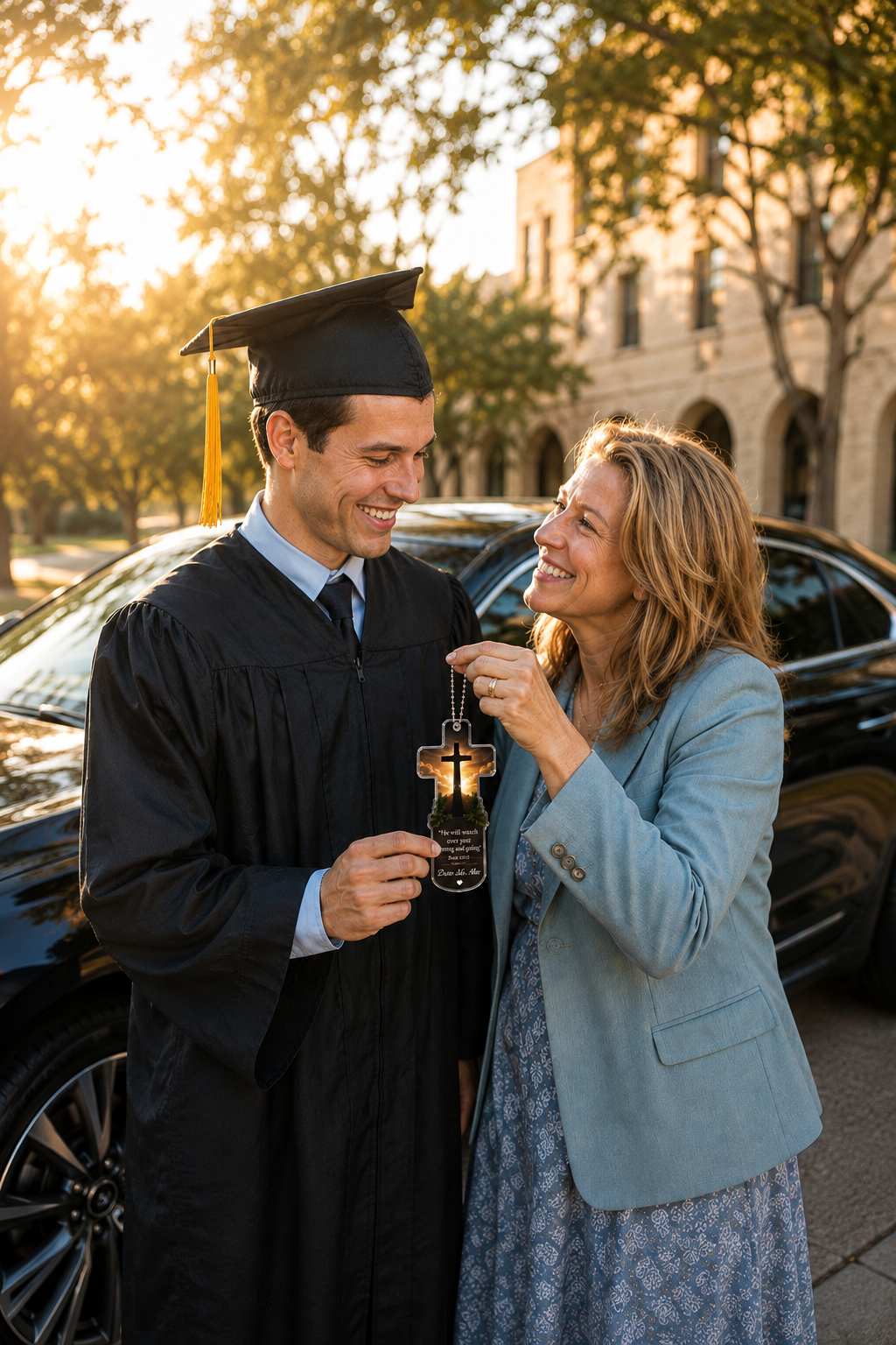 A smiling graduate in a black cap and gown holds a small glass award candle while a woman in a light blue blazer and patterned dress presents it to him outdoors near a car and building at sunset.