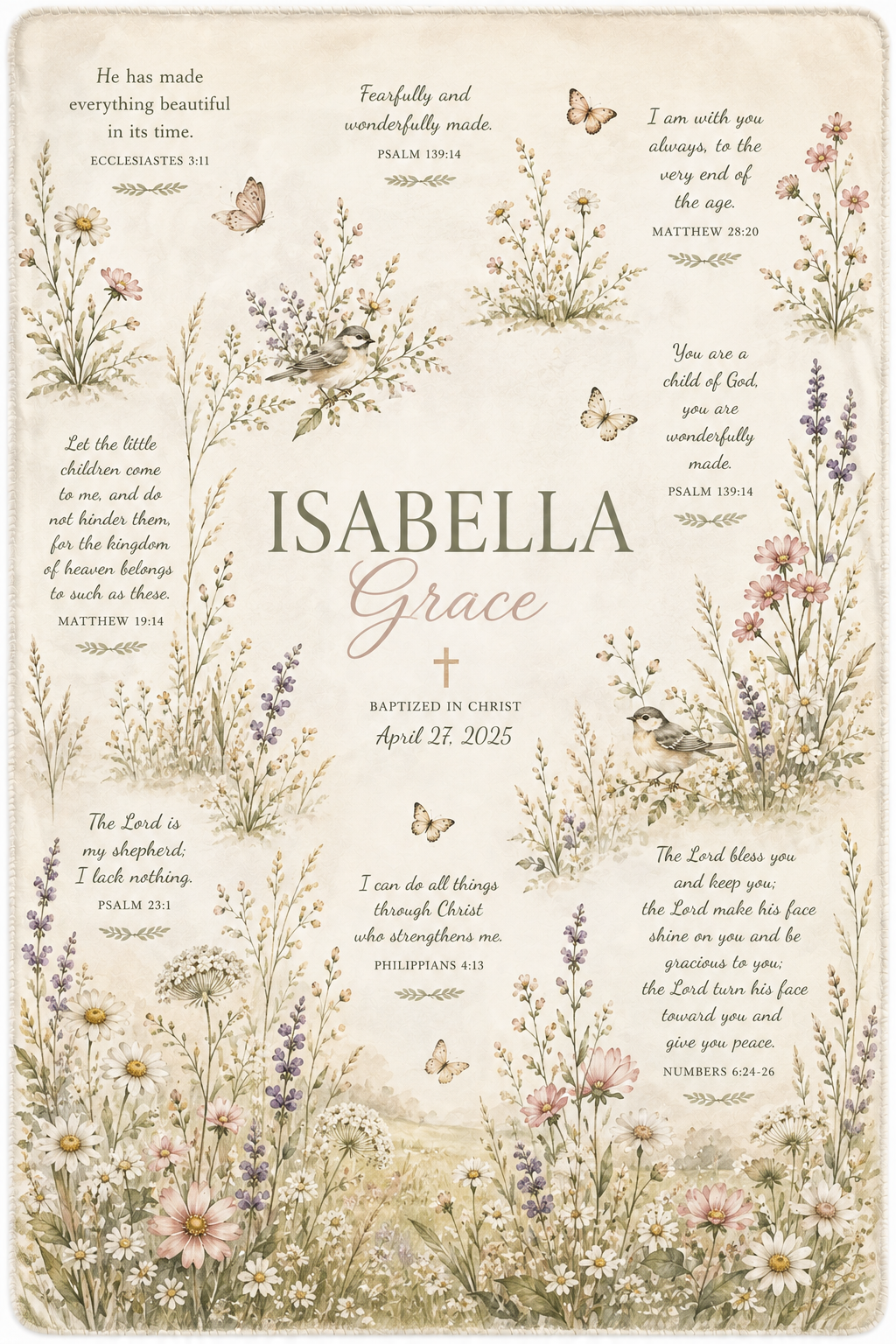A square fabric or wall art print featuring a vintage-style floral border with Bible verses printed in black and pink text on an off-white background. The center reads 'ISABELLA Grace' with a small cross and baptism date.