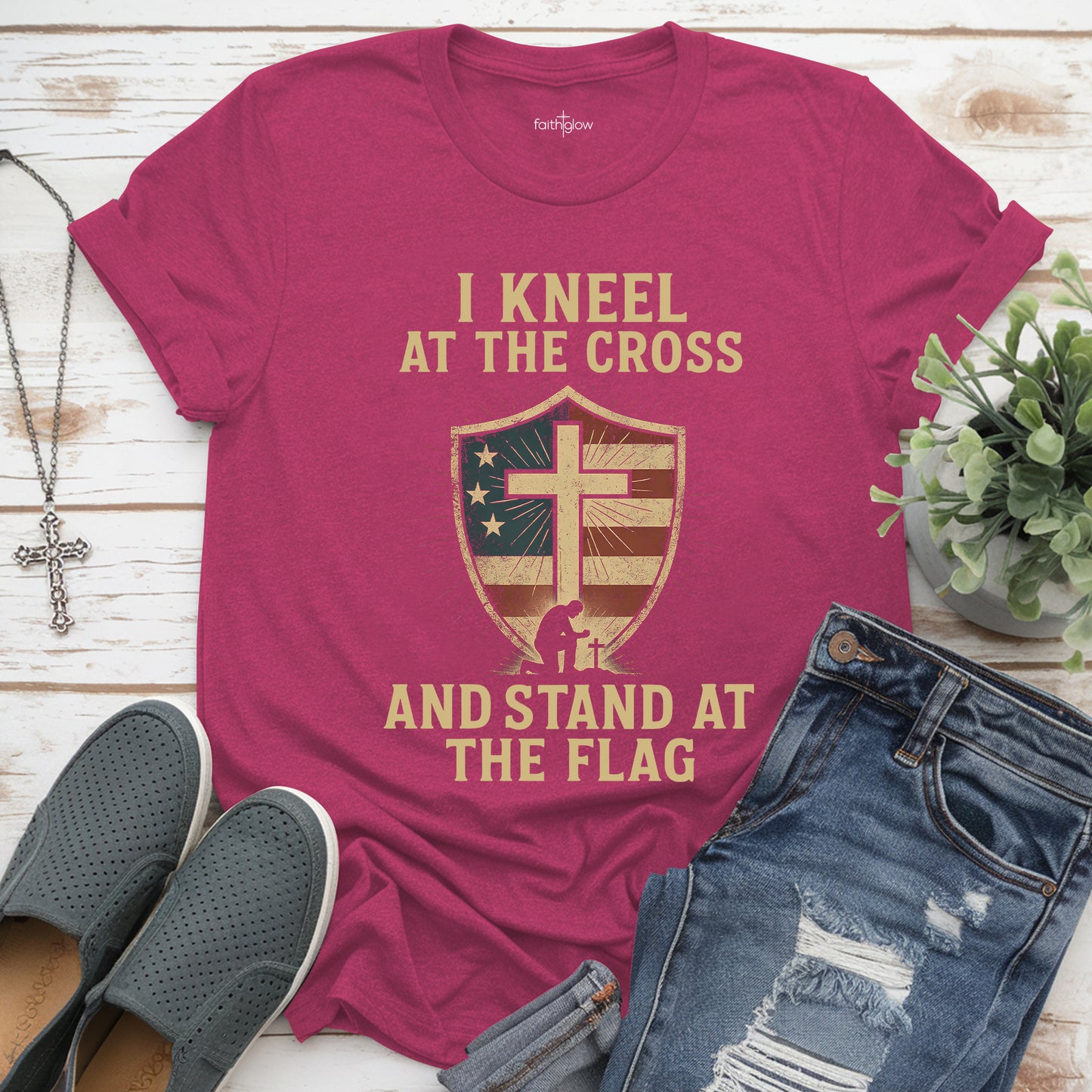 I Kneel At The Cross And Stand At The Flag Christian T Shirt