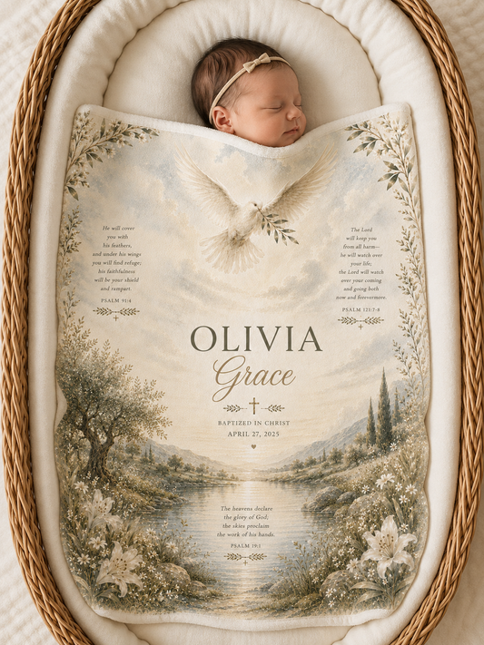A sleeping newborn baby is nestled inside a woven wicker bassinet, wrapped in a personalized baby blanket. The blanket features a vintage-style landscape illustration with a white dove, botanical details, and custom text reading 'OLIVIA Grace' along with biblical verses.