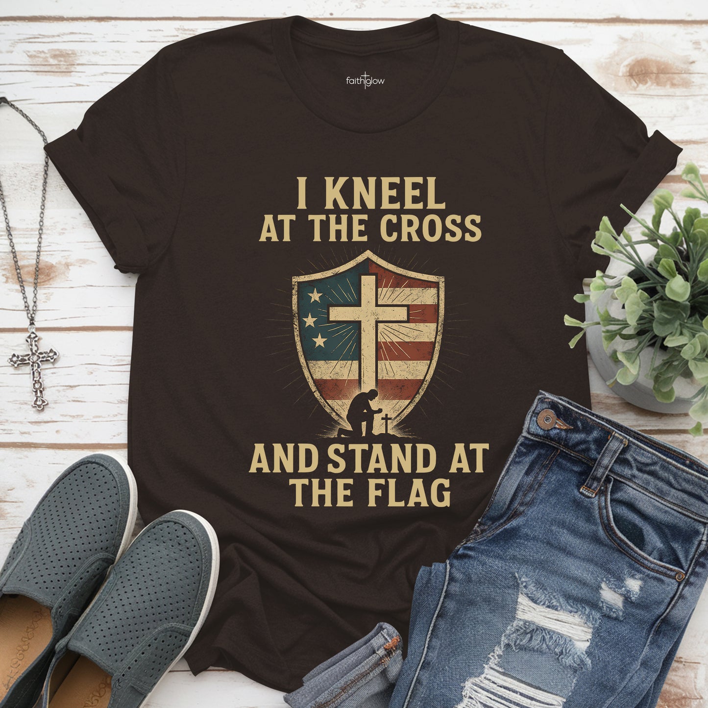 I Kneel At The Cross And Stand At The Flag Christian T Shirt