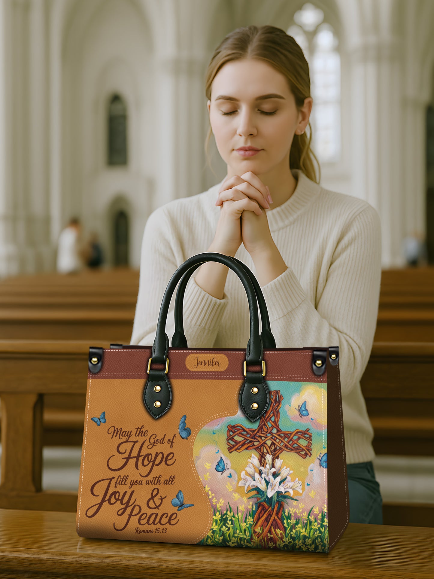 May The God Of Hope Fill You With All Joy Peace Christian Leather Church Bag