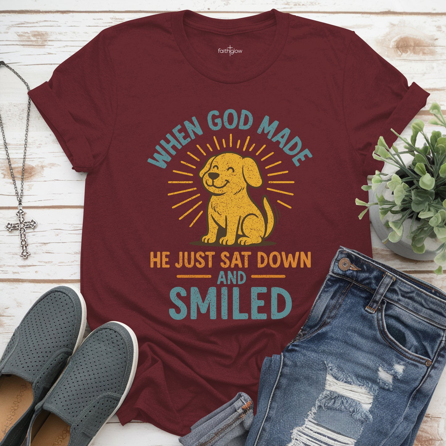 When God Made Dogs He Just Sat Down And Smiled Christian T Shirt