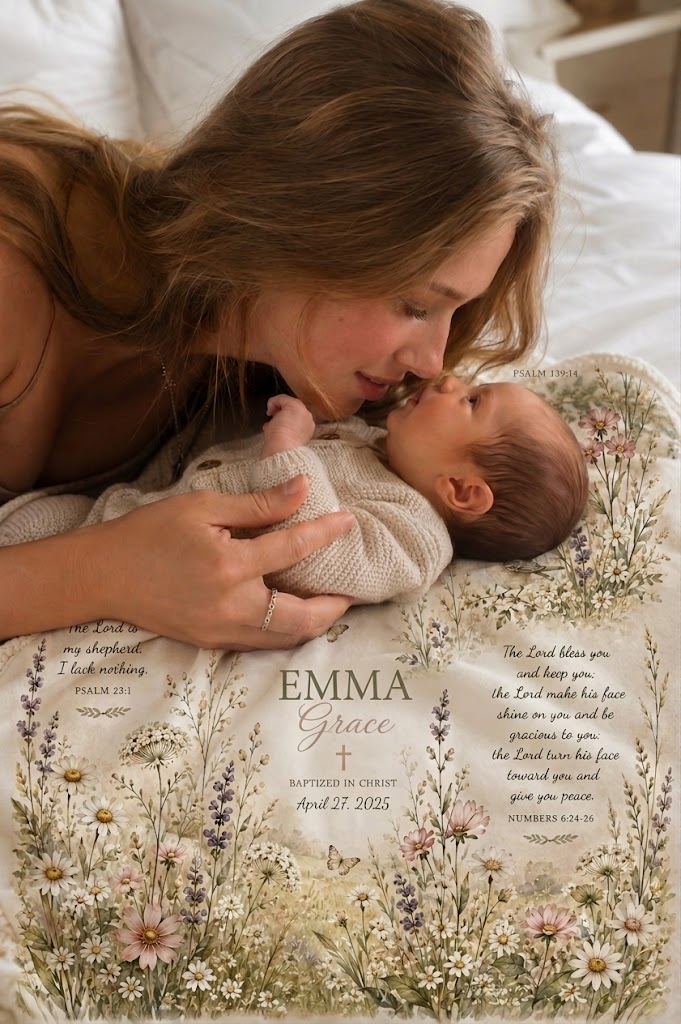 A mother kisses her baby while lying on a floral baby blanket with printed scripture and the names 'Emma Grace' and 'Baptized in Christ April 27 2025'.